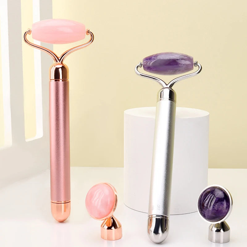 Rodillo Facial Eléctrico Vibratorio 2 en 1 de Cuarzo Rosa y Jade Natural – Lifting y Masaje Rejuvenecedor