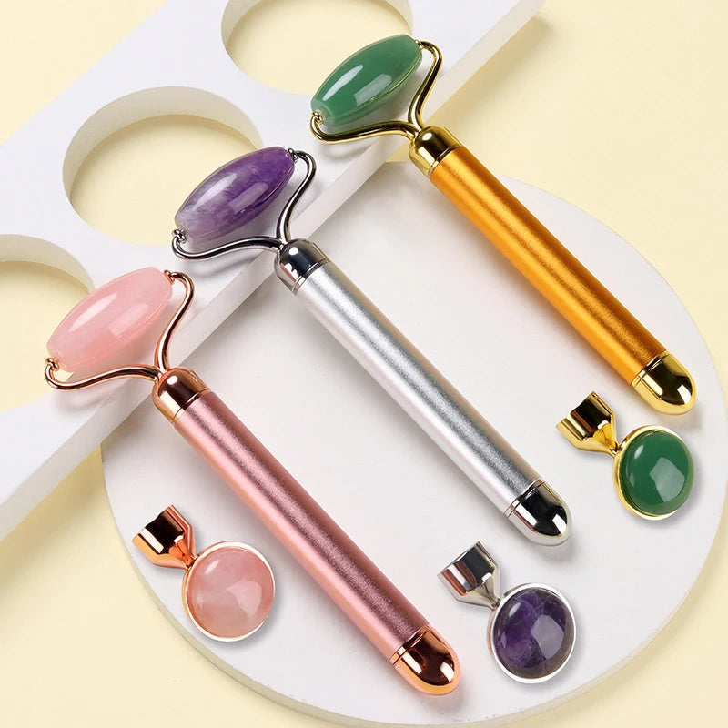 Rodillo Facial Eléctrico Vibratorio 2 en 1 de Cuarzo Rosa y Jade Natural – Lifting y Masaje Rejuvenecedor