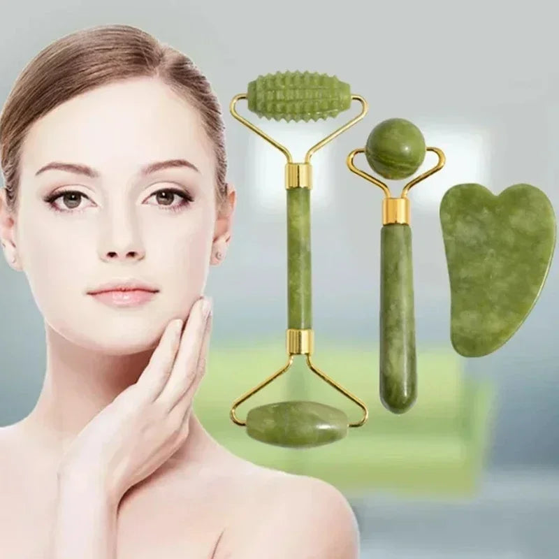 Rodillo Facial de Jade Natural con Gua Sha – Masajeador Corporal, Cuello y Ojos para Spa y Lifting Facial