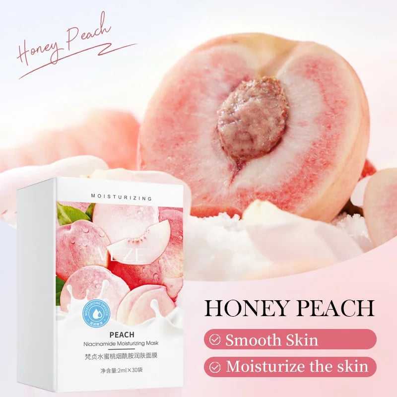 Caja de 30 Mascarillas Faciales de Durazno – Hidratantes y Portátiles con Niacinamida