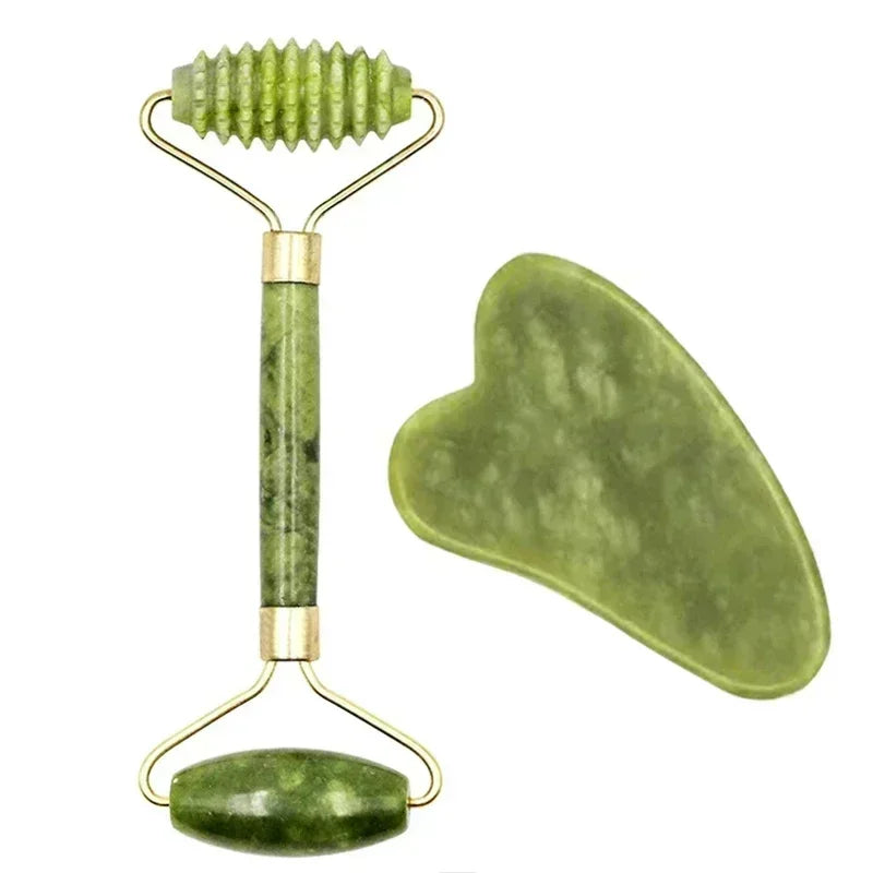 Rodillo Facial de Jade Natural con Gua Sha – Masajeador Corporal, Cuello y Ojos para Spa y Lifting Facial