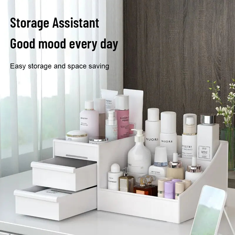 Organizador Blanco con Cajón – Caja de Maquillaje Compacta de Plástico para Tocador, Dormitorio o Baño