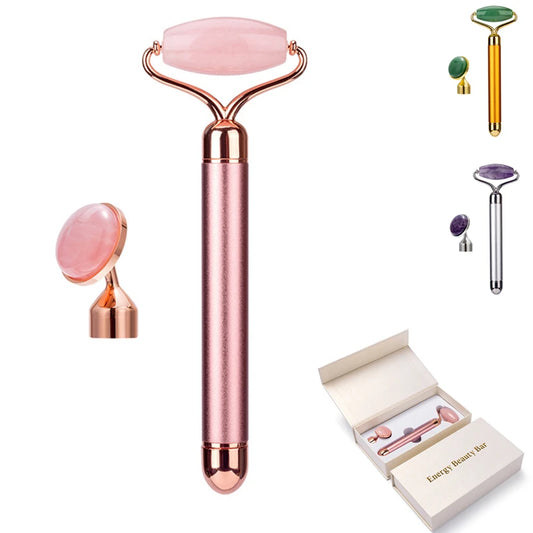 Rodillo Facial Eléctrico Vibratorio 2 en 1 de Cuarzo Rosa y Jade Natural – Lifting y Masaje Rejuvenecedor