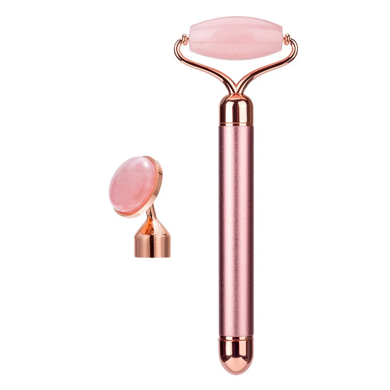 Rodillo Facial Eléctrico Vibratorio 2 en 1 de Cuarzo Rosa y Jade Natural – Lifting y Masaje Rejuvenecedor