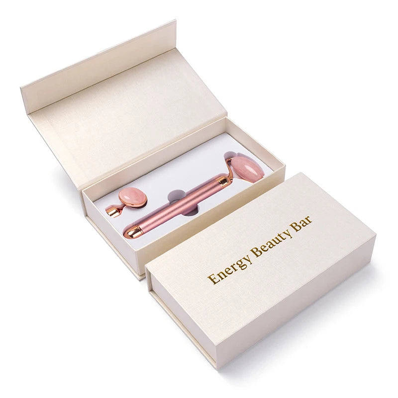 Rodillo Facial Eléctrico Vibratorio 2 en 1 de Cuarzo Rosa y Jade Natural – Lifting y Masaje Rejuvenecedor