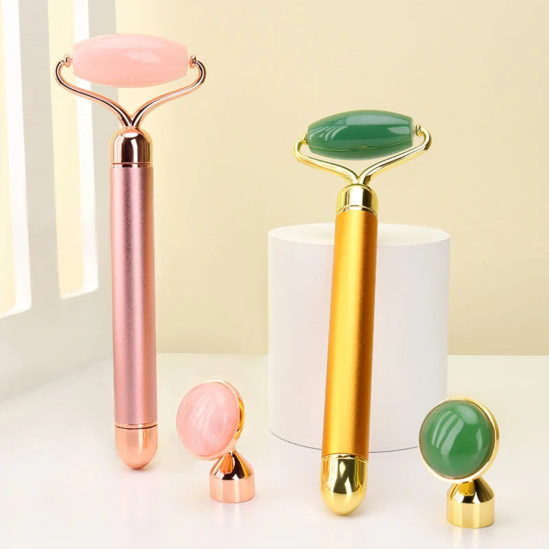 Rodillo Facial Eléctrico Vibratorio 2 en 1 de Cuarzo Rosa y Jade Natural – Lifting y Masaje Rejuvenecedor