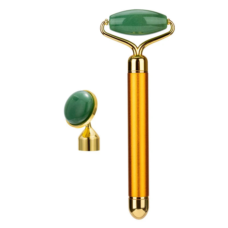Rodillo Facial Eléctrico Vibratorio 2 en 1 de Cuarzo Rosa y Jade Natural – Lifting y Masaje Rejuvenecedor
