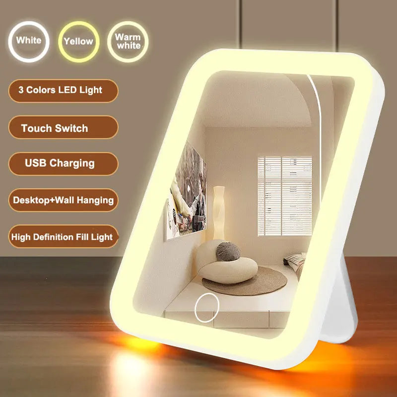 Espejo LED Táctil con 3 Tonos de Luz – Portátil, Recargable por USB, Regulable y Elegante para Maquillaje Profesional