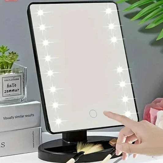 Espejo de Maquillaje con Luz LED – Portátil, Giratorio y con Almacenamiento | Ideal para Tocador o Dormitorio