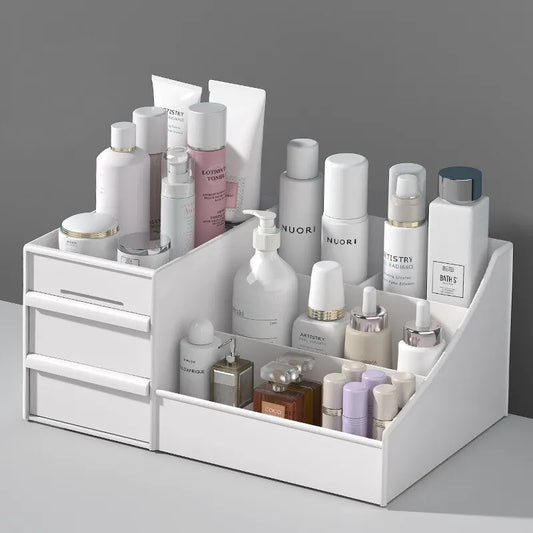 Organizador Blanco con Cajón – Caja de Maquillaje Compacta de Plástico para Tocador, Dormitorio o Baño