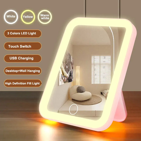 Espejo LED Táctil con 3 Tonos de Luz – Portátil, Recargable por USB, Regulable y Elegante para Maquillaje Profesional
