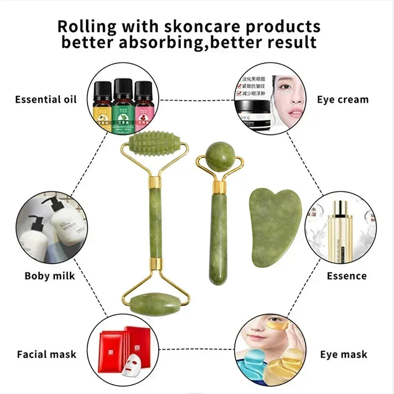 Rodillo Facial de Jade Natural con Gua Sha – Masajeador Corporal, Cuello y Ojos para Spa y Lifting Facial
