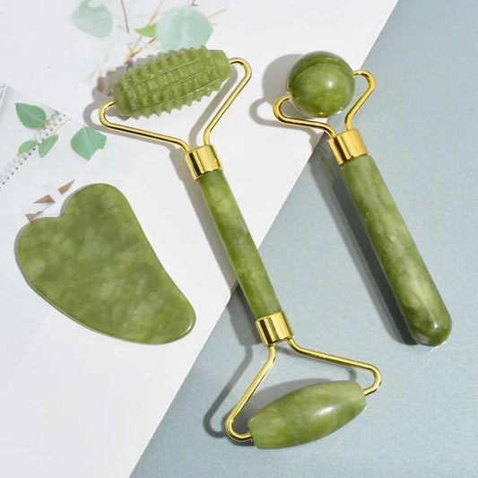 Rodillo Facial de Jade Natural con Gua Sha – Masajeador Corporal, Cuello y Ojos para Spa y Lifting Facial