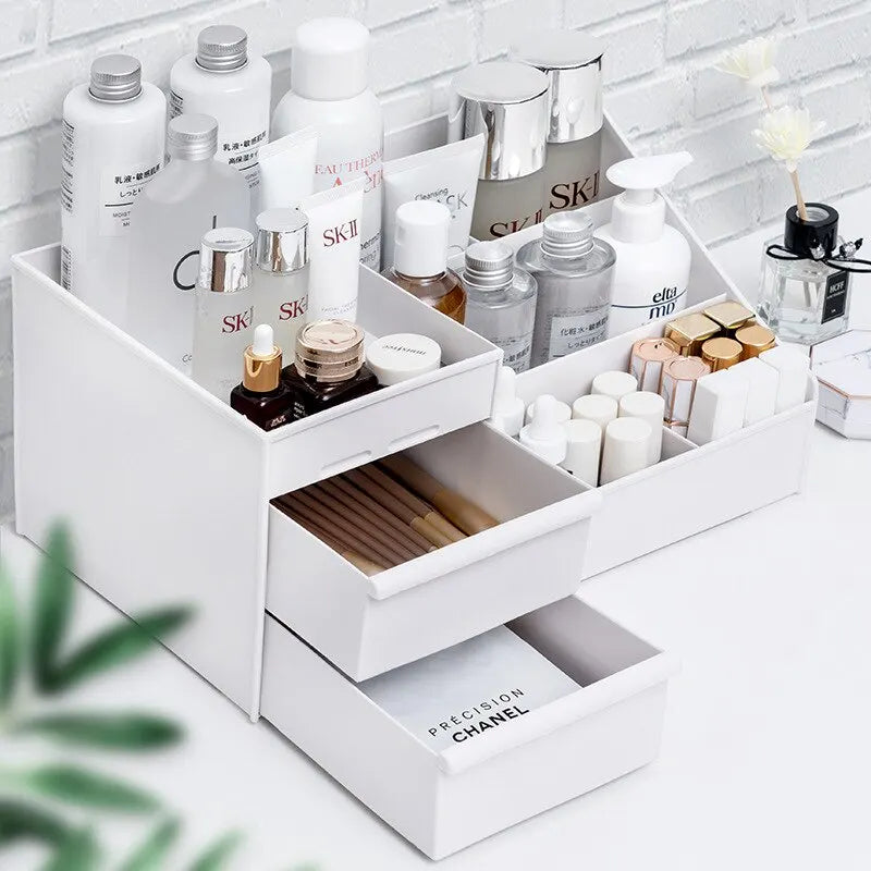 Organizador Blanco con Cajón – Caja de Maquillaje Compacta de Plástico para Tocador, Dormitorio o Baño