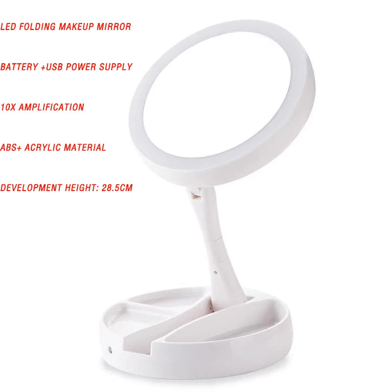 Espejo de Maquillaje con Luz LED – Portátil, Giratorio y con Almacenamiento | Ideal para Tocador o Dormitorio