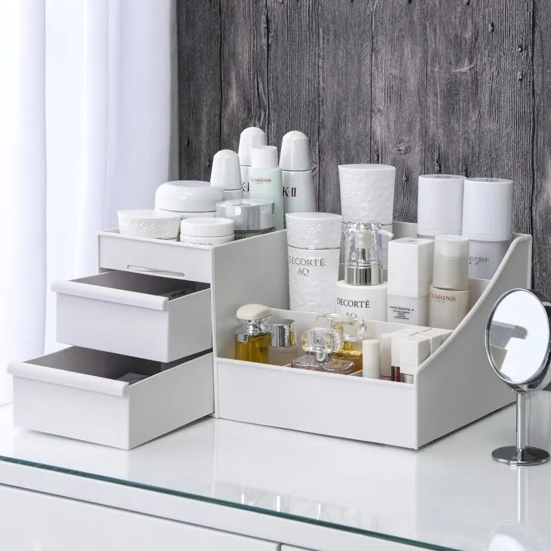 Organizador Blanco con Cajón – Caja de Maquillaje Compacta de Plástico para Tocador, Dormitorio o Baño