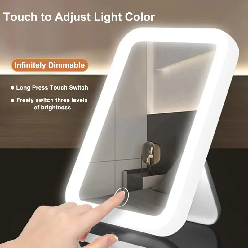 Espejo LED Táctil con 3 Tonos de Luz – Portátil, Recargable por USB, Regulable y Elegante para Maquillaje Profesional