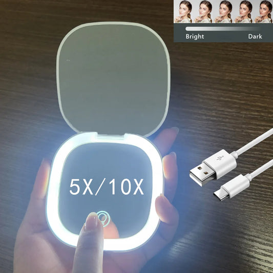 Espejo de Maquillaje LED de Bolsillo – Compacto, Plegable, Recargable con Aumento 5x/10x | Ideal para Viaje y Uso Diario